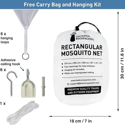 Mosquito Net for Single to King-Sized Beds – 4 Side Openings & 6 Hanging Loops – Decorative Rectangular Shape for Home & Travel – Bed Canopy Hanging Kit & Carrying Bag Included