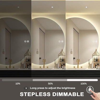 40"×28" LED Bathroom Mirror with Lights, Asymmetrical Smart Vanity Mirrors Wall-Mounted with Backlit, Anti-Fog Half Moon Mirror, Stepless Dimmable-3 Colors-Tempered Glass
