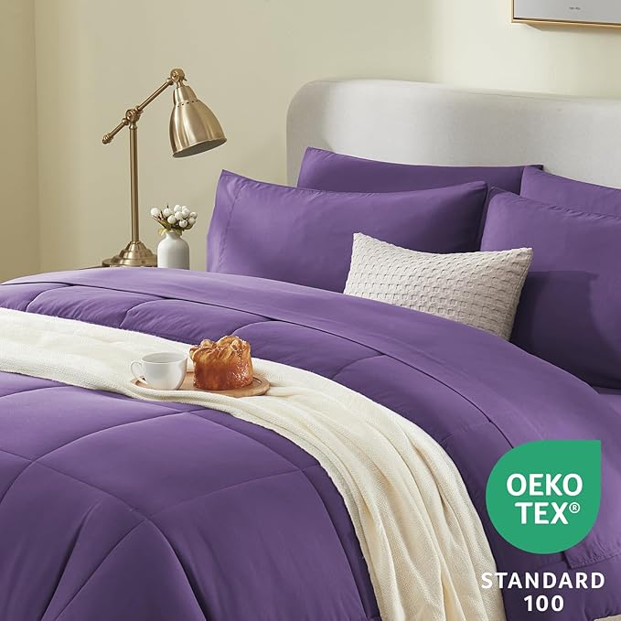 CozyLux Queen Comforter Set Purple, 7 Pieces Bed in a Bag, Purple Comforter Queen Size, All Season Bedding Sets with Stitch Quilted Comforter, Flat Sheet, Fitted Sheet, Pillowcases