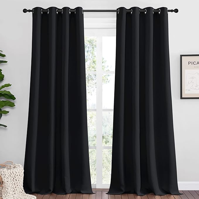 NICETOWN Patio Blackout Curtain Shades, 2 Panels, 55 inches x 94 inches, Black, Summer Home Decoration Thermal Insulated Grommet Blackout Draperies/Drapes for Kitchen