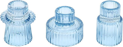 Vixdonos Glass Candlestick Holders Tealight Candle Holders for Table Centerpieces, Wedding Decor and Dinner Party (3 Pcs, Light Blue)
