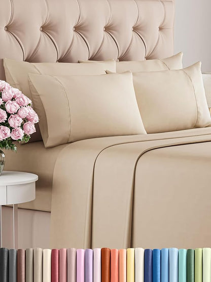 Cal King Sheets Set 6 Piece - Includes 4 Pillowcases - Bed Sheets Cal King Size - Soft Hotel Luxury Bedding - Cooling, Comfy & Breathable - 1 Flat & 1 Fitted & 4 Pillowcases w/ Deep Pockets - Cream
