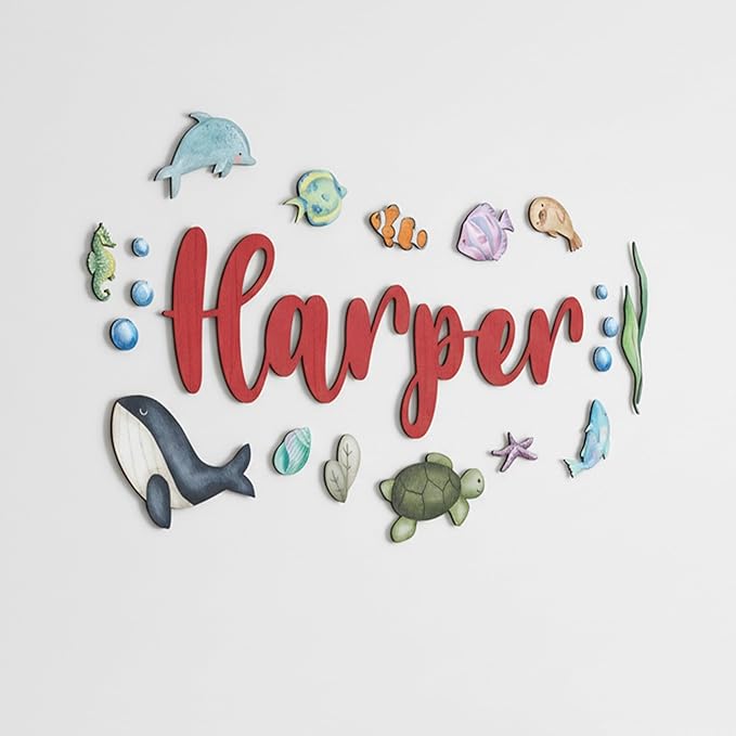 Custom Nursery Name Sign with Themed Decor Kit | Personalized Wooden Wall Art for Baby, Kids Room | Space, Jungle, Circus, Under the Sea, Woodland, Rainbow (20", Under the Sea)