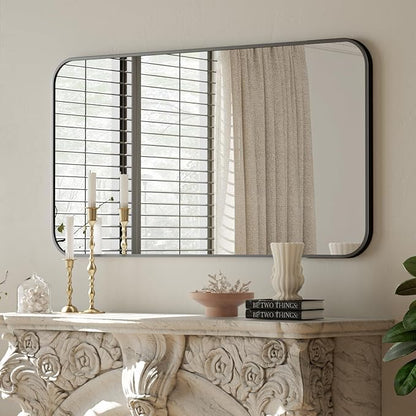 BEAUTYPEAK Black Rectangular Bathroom Mirror - 30" x 48" Wall Mounted Aluminum Alloy Frame Mirror with Rounded Corners for Bedroom Living Room, Horizontal or Vertical