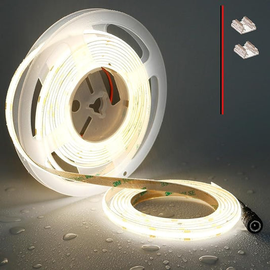 TOPAI 12V COB LED Strip Light 4000K Natural White Waterproof IP65 480LEDs/M Super Bright 4000Lm CRI>90 16.4ft/5M Self Adhesive Dotless Cuttable Flexible for Bedroom Cabinet DIY Lighting