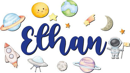 Custom Nursery Name Sign with Themed Decor Kit | Personalized Wooden Wall Art for Baby, Kids Room | Space, Jungle, Circus, Under the Sea, Woodland, Rainbow (30", Space)