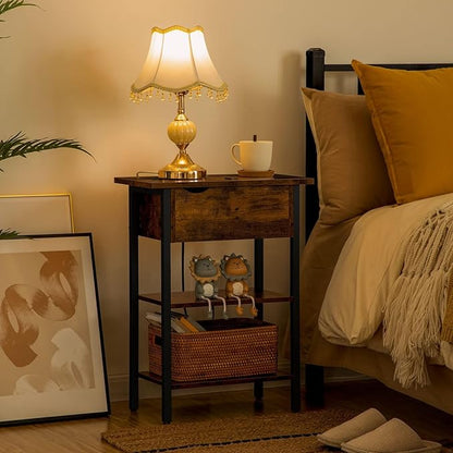 HOOBRO End Table with Charging Station, Narrow Side Table, Flip Top Nightstand with USB Ports and Outlets, Bedside Tables with Shelf for Small Spaces, Living Room, Rustic Brown BF341BZ01