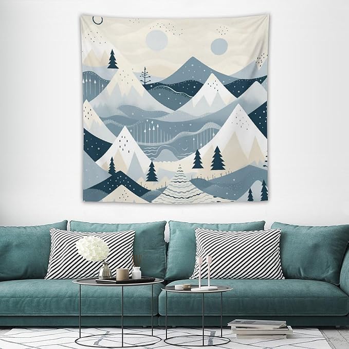 Wall Tapestry Snow Mountain Scandinavian Winter Tapestry Winter Holiday Tapestry Vintage Aesthetic Tapestries Wall Decor for Bedroom Living Room Dorm 60"x60" Tapestries Winter Snowflake Decorative