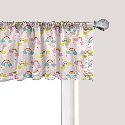 Ambesonne Cartoon Window Valance, Pastel Rainbows Clouds Raindrops Sky Theme, Curtain Valance for Kitchen Bedroom Decor with Rod Pocket, 54" X 18", Rose and Multicolor