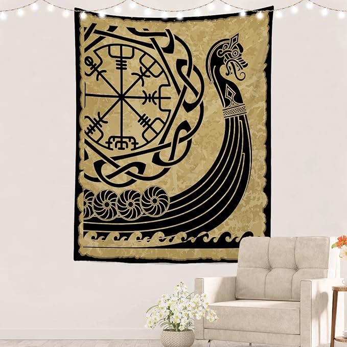 Batmerry Vikings Ancient Scandinavian Tapestry,Warship Boat Old Ancient Sea Wall Art Hanging Decoration Polyester Fiber White Ruffled Around for Dorm Room Bedroom Living Room, 59.1x51.2 inches