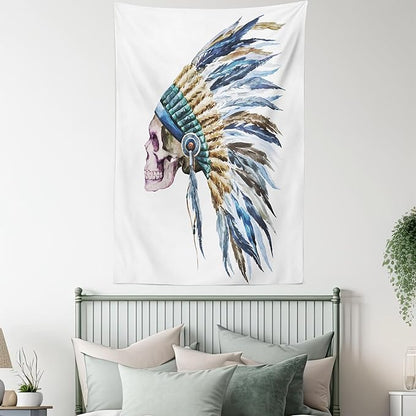 Lunarable Watercolor Tapestry, Skull Native Hat Indigenous Cultures Circle of Life Death, Wall Hanging for Bedroom Living Room Dorm Decor, 40" X 60", Cream Blue