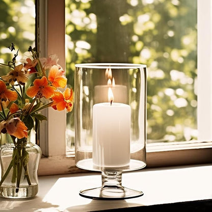 CYS EXCEL Glass Hurricane Pillar Candle Holder (H:10" W:6") | Multiple Size Choices Short Stem Candle Centerpieces | Stemmed Glass Cylinder Candle Vase