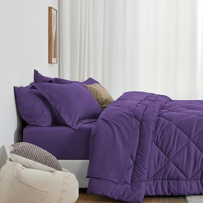 Love's cabin King Size Comforter Set Purple, 7 Pieces King Bed in a Bag, All Season Bedding Sets with 1 Comforter, 1 Flat Sheet, 1 Fitted Sheet, 2 Pillowcase and 2 Pillow Sham