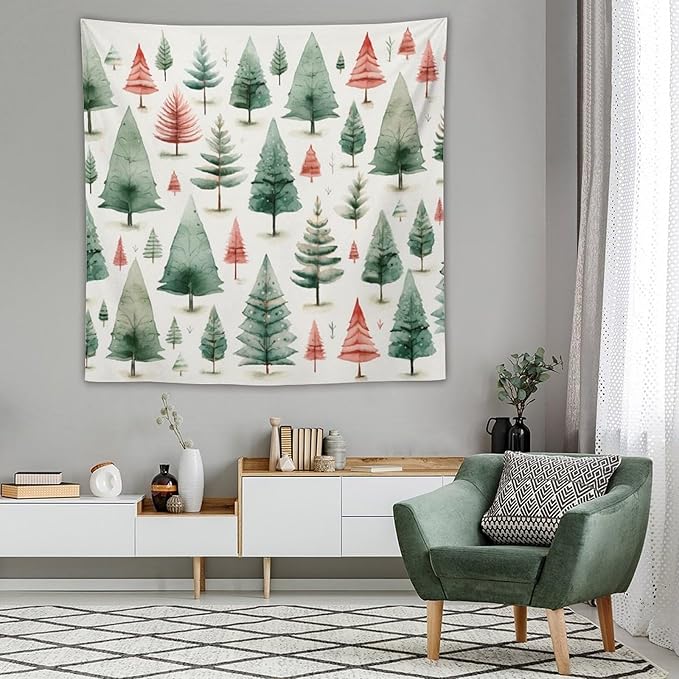 MaSiledy Tapestry Vintage Christmas Tree Watercolor Tapestry Aesthetic Winter Christmas Wall Tapestries Wall Hanging Decor Tapestry for Bedroom Aesthetic Alt Room Landscape 60"x60"
