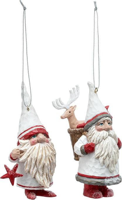 DEMDACO Cozy Time Red, White 5 x 2 Inch Resin, Polyester Christmas Tree Decoration, Festive Holiday Décor, Hanging Ornaments, Set of 2, Gnome Traveler