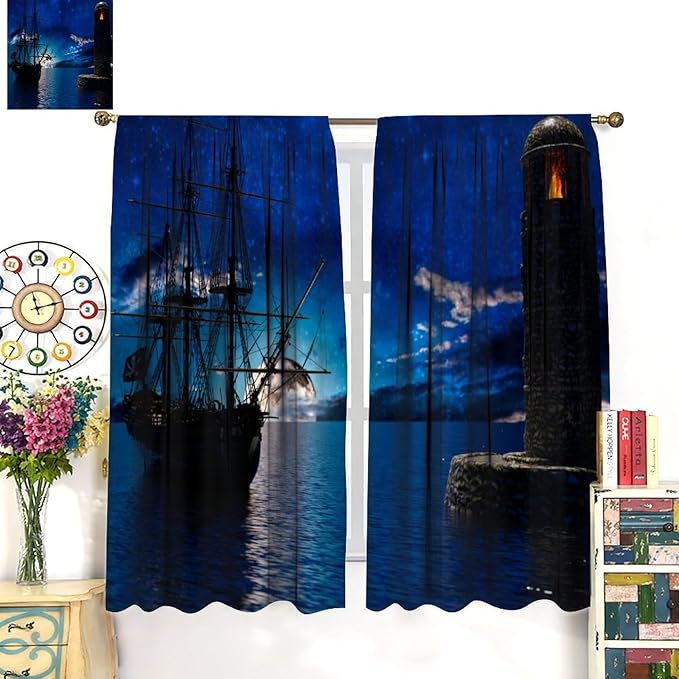 Pirate Ship Curtains, Nautical Sailboat Sailing Ocean Adventure Full Moon Cloudy Night Sky Old Lighthouse Print Blackout Window Treatments for Bedroom Living Room 63x63in