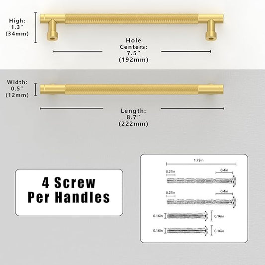 10 Pack Brushed Gold Knurled Cabinet Pulls 7.5 Inch(192mm) Kitchen Cabinet Handles Solid Zinc Alloy Cabinet Hardware Drawer Pulls