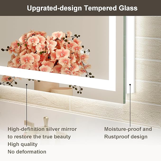 55x36 LED Bathroom Mirror with Lights, Brighter Backlit + Front Lit, Tempered Glass, Dimmable, Multiple Light Modes, Anti-Fog Lighted Bathroom Vanity Mirror for Wall, Memory Function