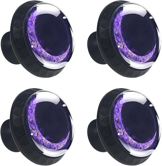 Purple Moon Art Pattern Cabinet Knobs, 35mm Round Glass Knobs for Dressers and Drawers, Decorative Handles Pulls for Home Kitchen Bedroom, 4 Pack