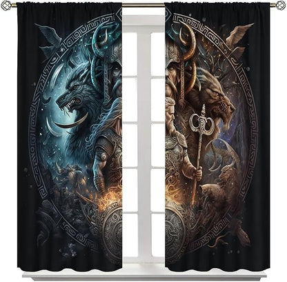 Cool Norse Viking Theme Curtains,Fantasy Ancient Symbols Wildlife Wolf Nordic Vikings Window Drapes Thermal Insulated Rod Pocket Blackout Drapes for Bedroom 2 Panels 63L x 36W