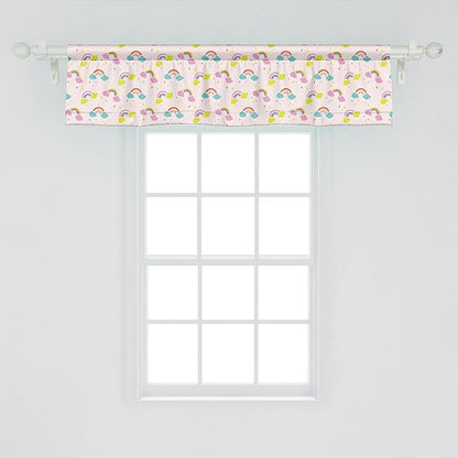 Ambesonne Cartoon Window Valance Pack of 2, Pastel Rainbows Clouds Raindrops Sky Theme, Rod Pocket Curtain Valances for Kitchen Bedroom, 42" X 12", Rose and Multicolor