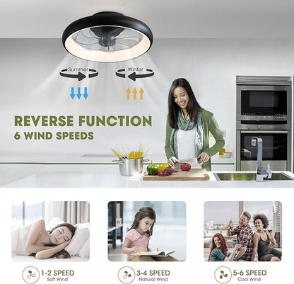 Modern Black 20" Flush Mount Ceiling Fan with Lights, 6 Wind Speeds, LED, Bedroom, Kitchen