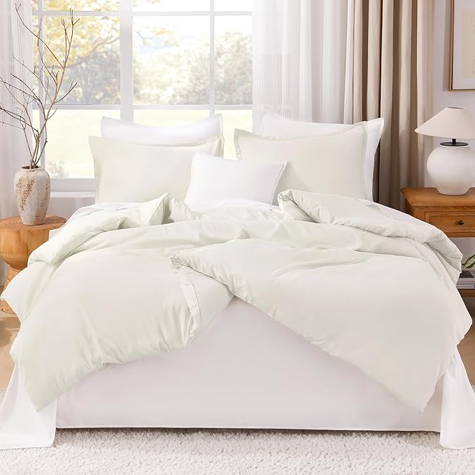 Litanika Comforters Ivory Oversized Queen Size, 3 Pieces Lightweight Solid Bedding Comforter Set, All Season Fluffy Bed Set (98x98In Comforter & 2 Pillowcases)