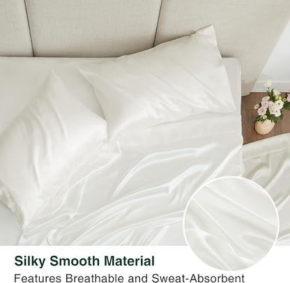 Love's cabin California King Satin Sheet Sets - 4 Piece Ivory Silky Sheets Bed Set with Deep Pocket, Luxury Silk Feel Satin Cal King Sheet Set (1 Flat Sheet,1 Fitted Sheet,2 Pillow Cases)
