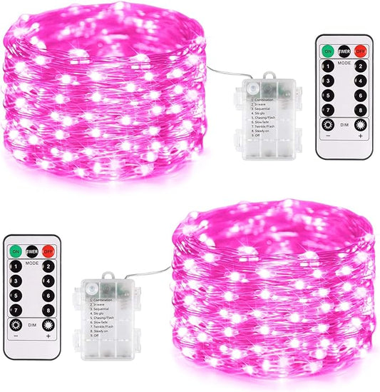 JMEXSUSS 2 Pack Pink Fairy Lights Battery Operated, Total 400 LED 132ft Christmas Twinkle String Lights with Remote, 8 Modes Pink Lights for Christmas Valentine's Day Indoor Bedroom Birthday Decor