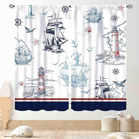 Nautical Curtains, Vintage Marine Coastal Sailboat Compass Anchor Ocean Beach Lighthouse Watercolor Blue Decorative Drapes for Bedroom Living Room Kitchen Bathroom Window 2 Panels, 63"x63" Inch
