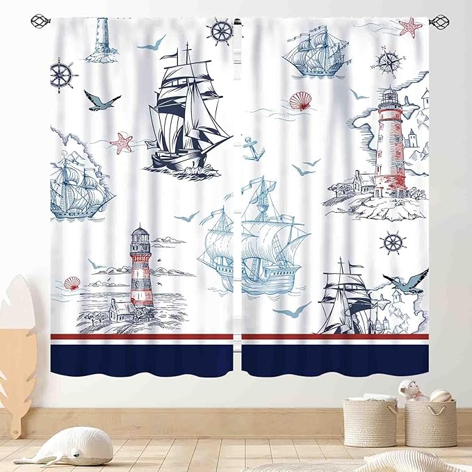Nautical Curtains, Vintage Marine Coastal Sailboat Compass Anchor Ocean Beach Lighthouse Watercolor Blue Decorative Drapes for Bedroom Living Room Kitchen Bathroom Window 2 Panels, 42"x63" Inch