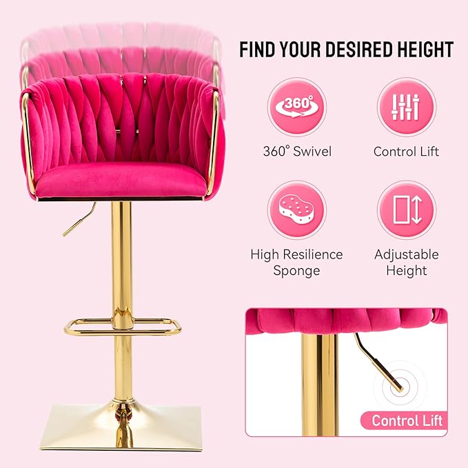 NIOIIKIT Bar Stool Set of 2, Velvet Upholstered Swivel Barstool, Counter Height Chair with Hand Woven Backrest, Dining Barstool with Footrest, Bar Chair for Kitchen Island, Pub (Rose Red)