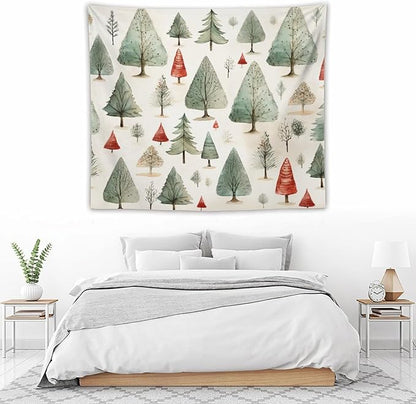 MaSiledy Vintage Christmas Tree Watercolor Tapestry As Wall Art Rustic Style Nature Forest Tapestry for Bedroom Aesthetic Landscape Tapestry Wall Hanging Decor for Bedroom 50"x60"