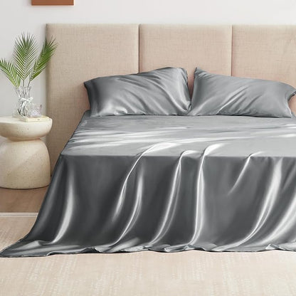 Love's cabin Twin Satin Sheet Sets - 3 Piece Dark Grey Silky Bed Sheets with Deep Pockets, Luxury Silk Feel Satin Twin Size Sheet Set Bedding Set (1 Flat Sheet,1 Fitted Sheet,1 Pillow case)