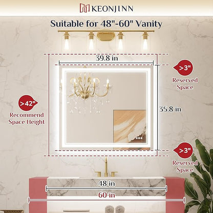Keonjinn LED Bath Mirror 40” x 36” with Frontlit and Backlit, Stepless 3 Colors Temperature & Dimmable Vanity Mirror, UL Listed LED Driver, Double Light Strips, Anti-Fog Wall Mirror with Lights