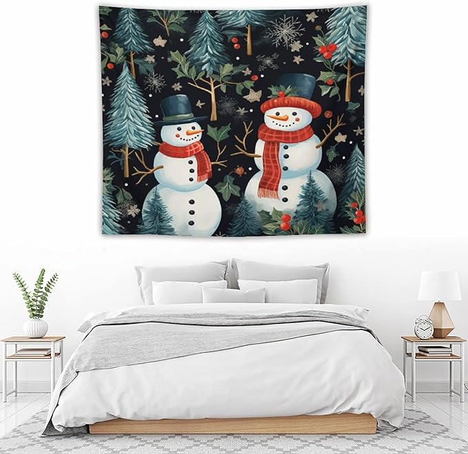 Wall Tapestry Snowman Couple Tapestry Vintage Christmas Cute Snowman Tapestry Vintage Aesthetic Tapestries Wall Art for Bedroom Living Room Decor Home Decor 50"x60" Christmas Family Party