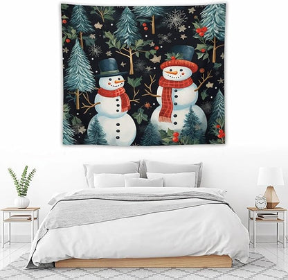 Wall Tapestry Snowman Couple Tapestry Vintage Christmas Cute Snowman Tapestry Vintage Aesthetic Tapestries Wall Art for Bedroom Living Room Decor Home Decor 50"x60" Christmas Family Party