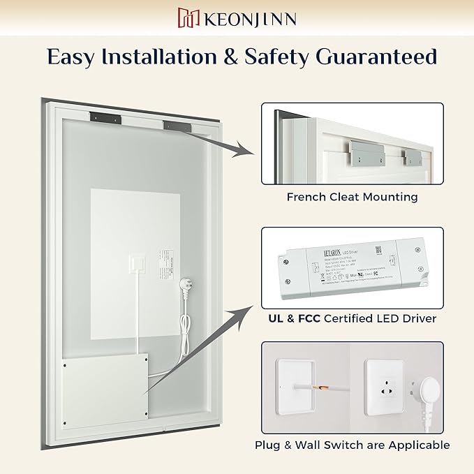 Keonjinn Bathroom Mirror with Lights 32 x 36 Inch, LED Mirror with Backlit, Anti Fog Lighted Mirror with Stepless Dimmable, UL Listed LED Driver, IP44 Waterproof, CRI90+, HD Tempered Glass