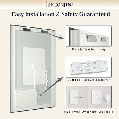 Keonjinn 60 x 28 Inch LED Bathroom Mirror with Lights Backlit Vanity Mirror Anti-Fog Lighted Bathroom Mirror Large Wall Mounted Dimmable Makeup Mirror with Memory Function(Horizontal/Vertical)