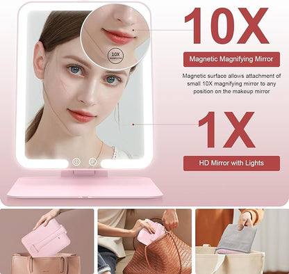Gospire Travel Makeup Mirror with Lights and Magnification 10X, Portable Make Up Compact Tabletop Mirror with Adjustable Stand, 3 Colored Lights Rechargeable Lighted LED Vanity Mirror - Pink