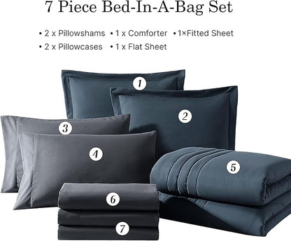Monbix Queen Comforter Set - 7 Pieces Blue Gray Bed in a Bag Queen Bedding Sets with Comforters, All Seasons Comforter Bed Set with Sheets,Pillowcases & Shams