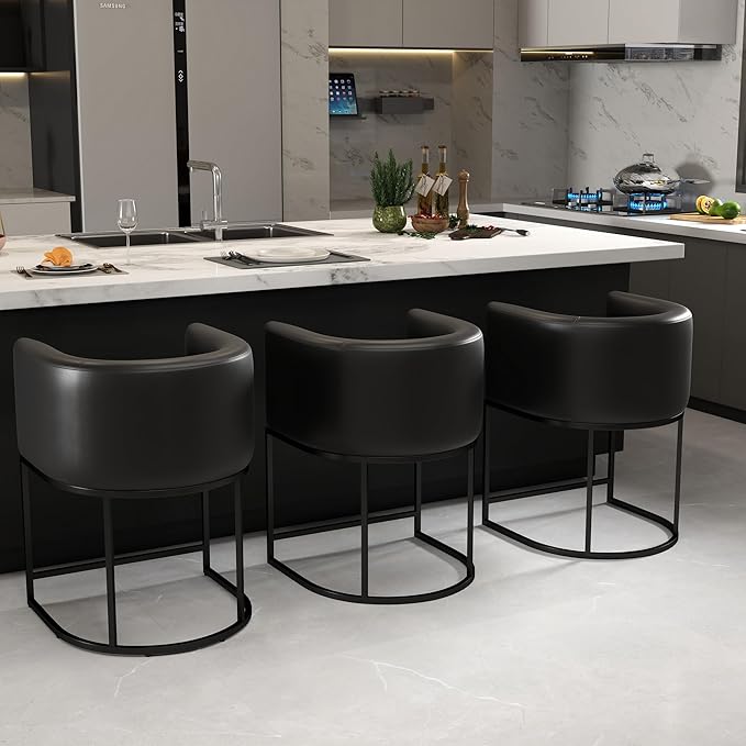 Modern Counter Height PU Leather Upholstered Bar Stools Set of 3, 24" Kitchen Counter Island Stools Bar Chairs with Black Metal Frame, Black