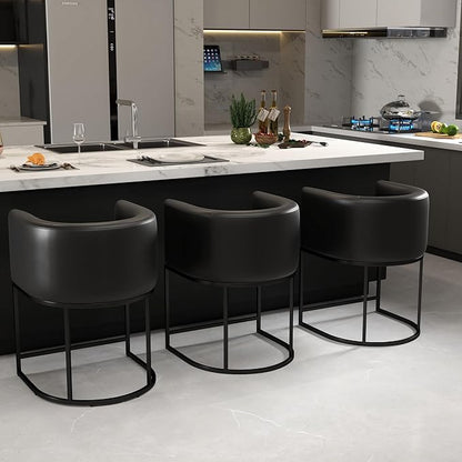 Modern Counter Height PU Leather Upholstered Bar Stools Set of 3, 24" Kitchen Counter Island Stools Bar Chairs with Black Metal Frame, Black