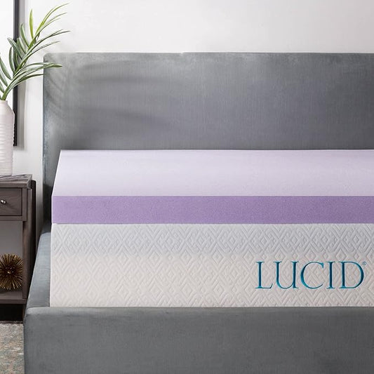 LUCID 3 Inch Lavender Infused Memory Foam Mattress Topper, King Size – Ventilated Design – Pressure Relieving Bed Topper - Mattress Pad – CertiPur Certified
