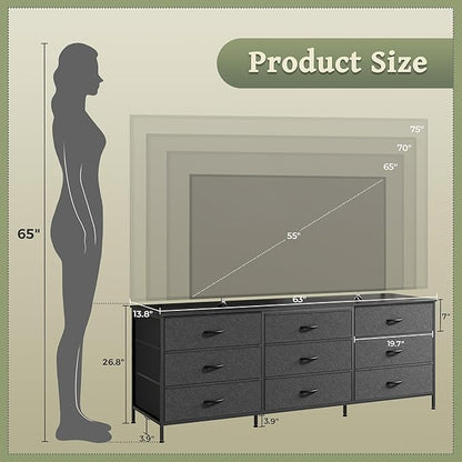 Huuger 63 Inch Dresser for Bedroom, Dresser for Closet with 9 Drawers, Large TV Stand for 55, 65, 70 Inch TV, Entertainment Center with Storage, Wide Long Chest of Drawers, Black