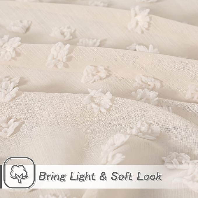 MYSKY HOME Beige Sheer Short Curtains with Pom Pom for Small Windows Bedroom Nursery Kids Girls Room Curtains Cafe Kitchen Light Filtering Boho Drapes, Rod Pocket,38 x 54 Inches, 2 Panels