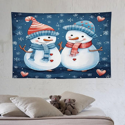 MaSiledy Snowman Couple Tapestries Funny Cute Snowman with Hat And Scarf Tapestries for Bedroom Aesthetic Landscape Tapestry Wall Hanging Decor Home Decoration for Bedroom Living Room Dorm 40"x60"