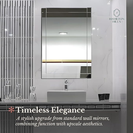 Hamilton Hills Rectangular 30x40 inch Silver Framed Vanity Mirror | Beveled Edge Squared Corner Frame Vanity Wall Mirror | Classy Decorative Bathroom Mirrors for Vanity, Hallway or Entry - Hanging