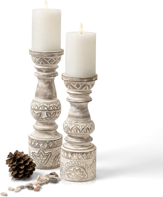 Kurrajong Farmhouse Candle Holders - Boho Set of 2 Tall Candle Stands | Decorative Wood 10" and 12" high | White Washed Candle Holders for Pillar Candles