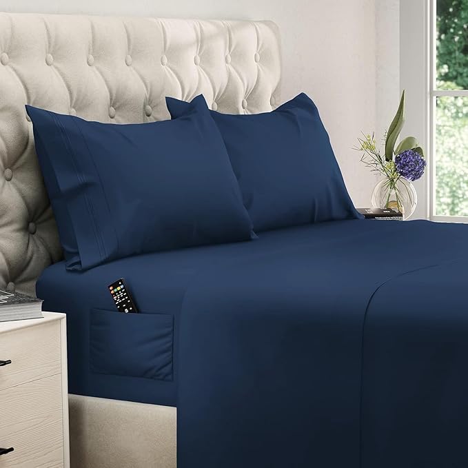 DREAMCARE Twin Sheets - Cooling Bed Sheets - 4pcs Set - up to 15" Deep Pocket Twin Bed Sheets - Twin Sheet Set - Twin Soft & Lasting 100% Fine Brushed Polyester with Side Pocket - N.Blue